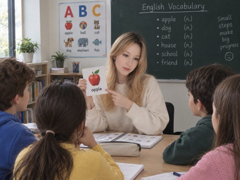 Teacher holding an apple flashcard during an English vocabulary lesson with a small group of children